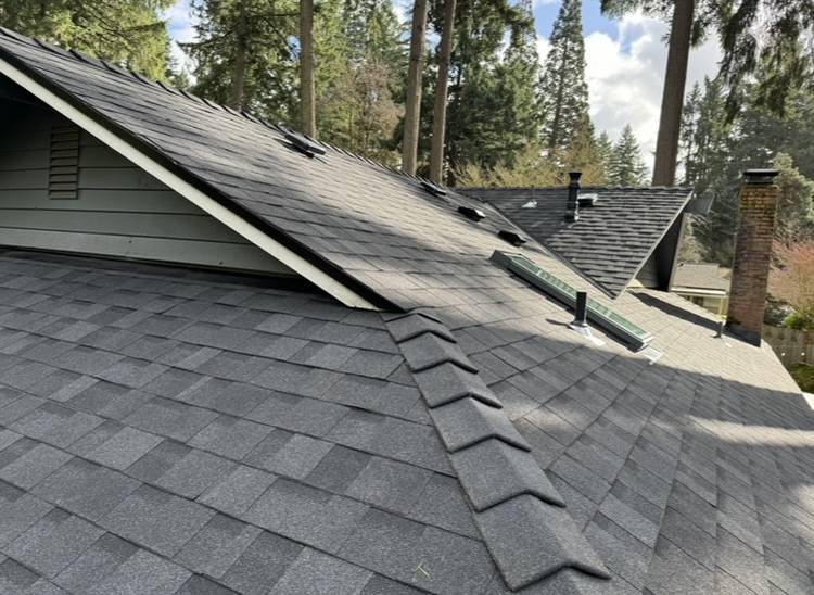 corner view of a house with new roof shingles just installed by suncrest roofing