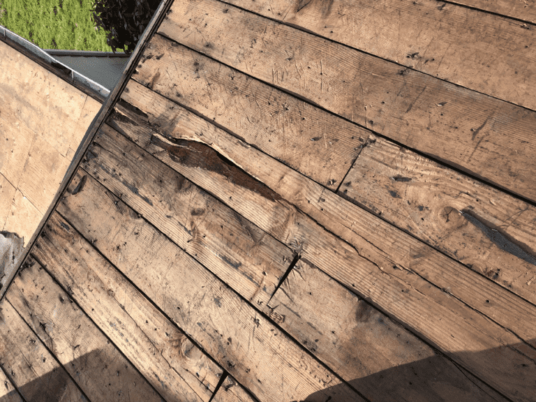 broken board found under the roofing shingles of a house