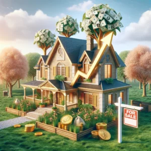 home going up in value, depicted metaphorically with elements of prosperity and growth